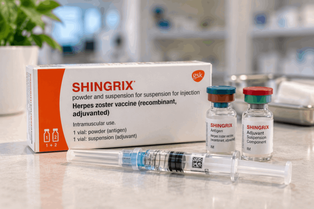 Shingrix shingles vaccine packaging and vials for private vaccination at Earls Barton Pharmacy