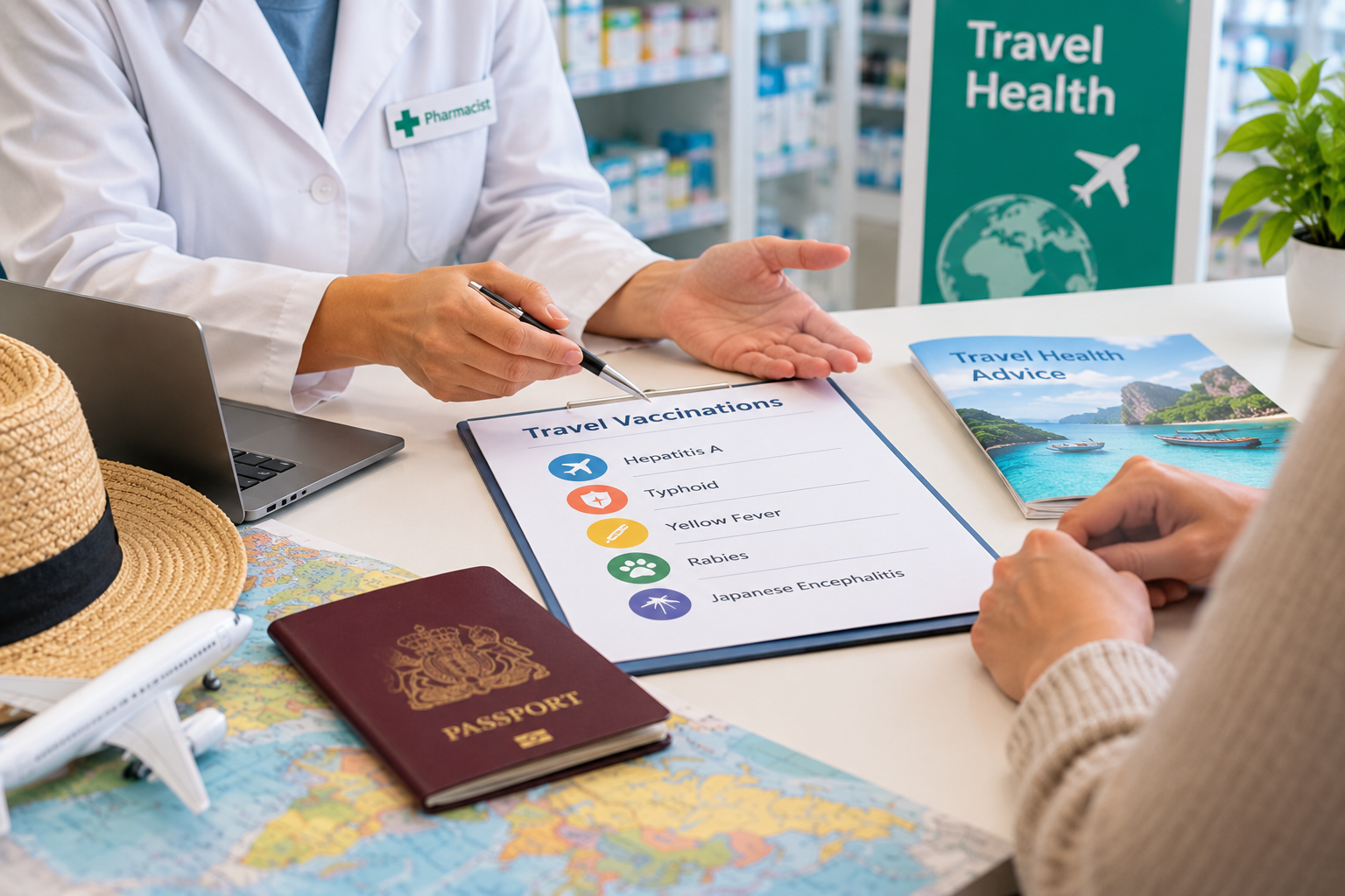 Pharmacist discussing travel vaccinations with a traveller during a travel health consultation